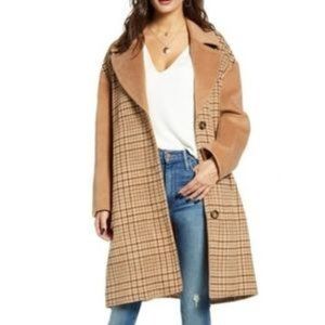Mural Poly Wool Blend Beige Plaid Coat